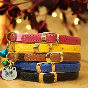 Personalized Cat Collars in 10 Color Selection - Soft Leather Cat Collar with Name Tag & Bell - Safety Kitten Collar with Elastic Strap