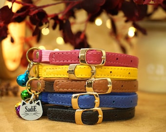 Personalized Cat Collars in 10 Color Selection - Soft Leather Cat Collar with Name Tag & Bell - Safety Kitten Collar with Elastic Strap