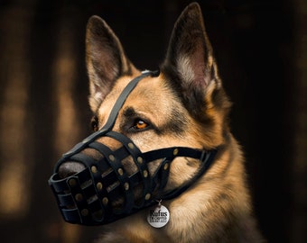 Personalized Dog Muzzle for German Shepherd, Leather Breathable Basket Muzzle for Large Breeds, Adjustable Secure Doberman Dog Muzzle