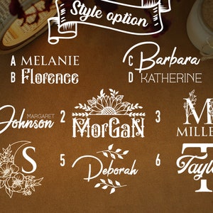 May include: A brown paper background with six different white designs for names. The designs include a sunflower, a crescent moon, a leafy branch, and a simple letter. The names are Johnson, Morgan, Miller, Taylor, Deborah, and a name with a Margaret written above it.