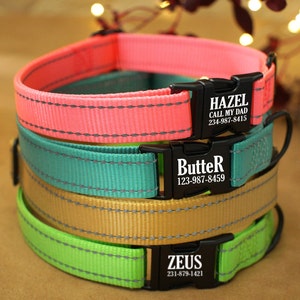 May include: Four colorful dog collars with personalized name tags. The collars are stacked on top of each other. The top collar is pink, the second is teal, the third is gold, and the bottom is green. The name tags are black with white text. The top tag reads "Hazel Call My Dad 234-987-8415", the second tag reads "Butter 123-987-8459", and the bottom tag reads "Zeus 231-879-1421".
