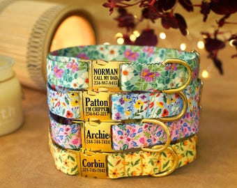 Girl Dog Collar Customized, Personalized Floral Dog Collars, Engraved Dog Collar Nylon Webbing, Printed Flowers Pet Collar for Dogs