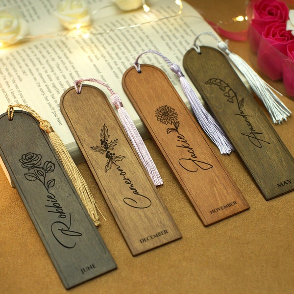 Personalized Birth Flower Bookmark with Name, Custom Wooden Bookmarks, Birth Month Flower Gifts for Her, Aesthetic Bookmark for Women