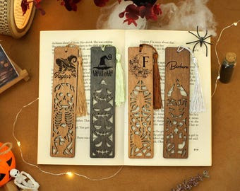 Halloween Wooden Bookmarks in Spooky Holiday Patterns, Personalized Bookmark, Custom Halloween Bookmark for Women, Unique Autumn Gifts