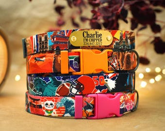 Travel Pattern Dog Collar with Dog Name Tag, Custom Dog Collars, Personalized Dog Collar, Japanese American European African Designs
