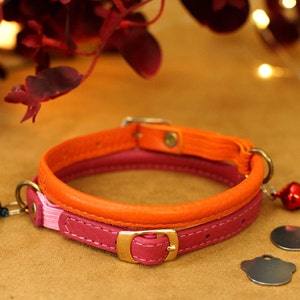 May include: A pink and orange leather cat collar with a gold buckle and two metal bells. The collar is on a brown surface with two metal tags.
