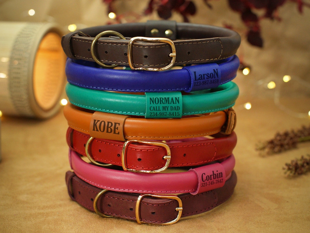 Personalized Dog Collar Leather Rolled Dog Collar With Engraved Name Round Dog Collar Custom