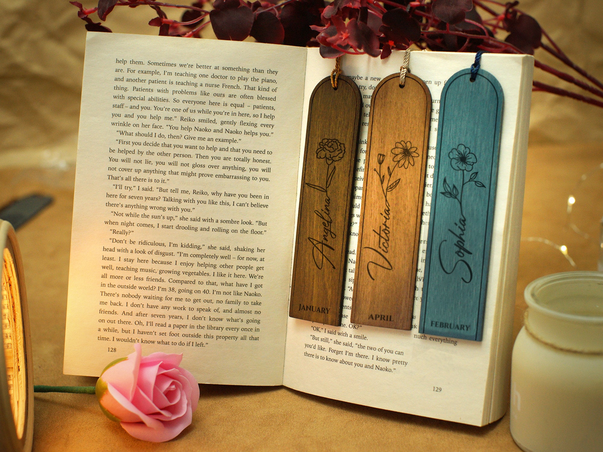 Personalized Birth Flower Bookmark with Tassel, Custom Name Wood Bookmark, Cute Birthday Gift, Gift for Book Lover/Bookworm
