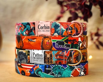 Travel-Themed Custom Dog Collar with Engraved Name, Adjustable Nylon Dog Collar for Small Medium Large Dogs, Girl Dog Collar, Boy Dog Collar
