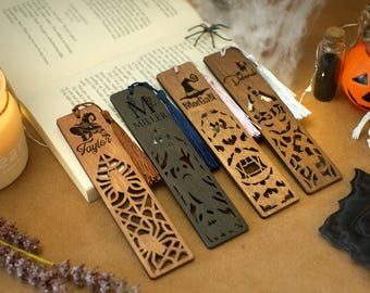 Cute Wood Bookmark Personalized, Custom Halloween Bookmark with Tassel, Unique Spooky Pattern Bookmarks, Halloween Gift for Reader