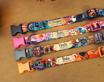 Unique Travel-Themed Dog Collar for Small to Large Breeds, Custom Dog Collar with Engraved Name Plate, Pet Accessories for Dogs