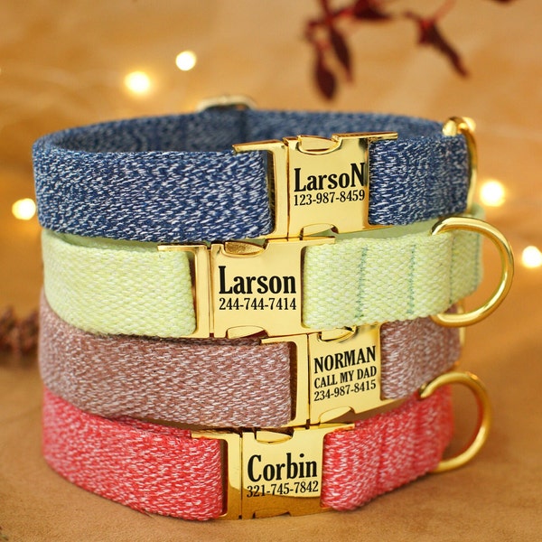 Personalized Cotton Dog Collar - Custom Dog Collar with Engraved Gold Metal Buckle - Soft Pet Collars for Dogs - Eco-freindly Puppy Collar
