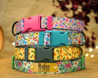 Adjustable Floral Dog Collar for Small Medium Large Dogs with Custom Engraved Dog ID Tag, Cute Flower Pattern Dog Collar, Pet Accessories