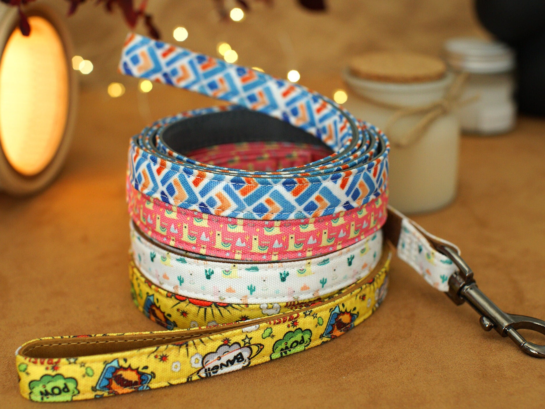5 Ft Dog Leashes Of Bright Designs - Durable Leather & Fabric Leash Personalized Lead With Padded Handle Walking
