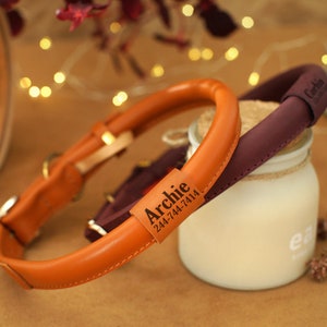 May include: Two leather dog collars, one brown and one burgundy, with engraved name tags. The brown collar has the name "Archie" and a phone number engraved on the tag. The burgundy collar has the word "Circle" engraved on the tag.