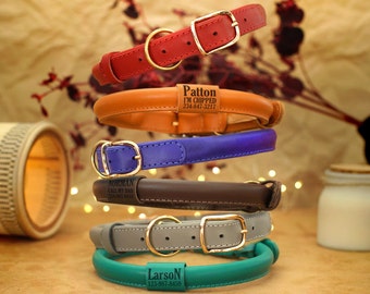 Rolled Leather Dog Collar with Bead ID Tag Personalized Dog Collars for Shaggy Dogs Customized Dog Collar Rope Dog Collar