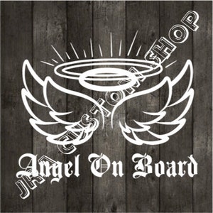 Vinyl Decal Angel On Board  Angel Wings with Halo & Script Vinyl Decal Car Truck Van SUV Mug Sticker Gift