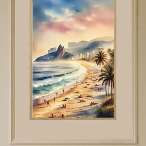 Ipanema Beach Watercolor Poster Print - Rio de Janeiro Travel Wall Art - Unique Wedding Birthday Gift - Home Decor Decoration #680