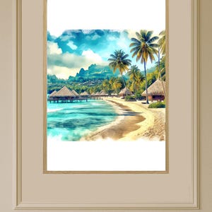 Matira Beach Watercolor Poster Print - French Polynesia Bora Bora Travel Wall Art, Perfect Wedding Gift Home Decor #645