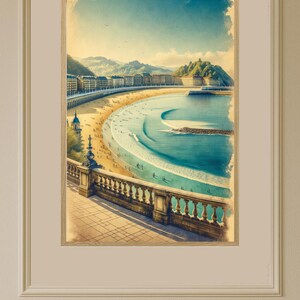 Watercolor Poster Print of La Concha Beach, San Sebastian - Perfect Wedding Gift Travel Decor Wall Art from the Basque Country #663