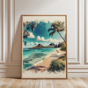 Watercolor Lanikai Beach Poster Print - Hawaii Oahu Wall Art Travel Decoration - Unique Wedding Gift Home Decor Idea #654