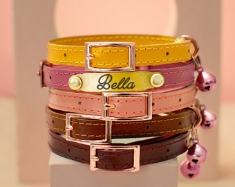 Cat Collar Personalized, Leather Cat Collar, Cat Collar with Bell, Kitten Collar, Girl Cat Collar Boy, Engraved Cat Collar with Name