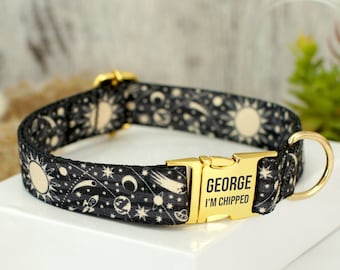 Collier pour chien gravé avec boucle en métal, collier pour chien en nylon personnalisé, motifs requins de l'espace, champignons, oiseaux, joli collier pour chien avec nom