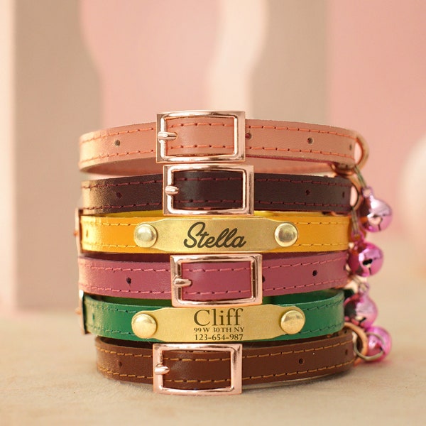 Leather Cat Collar with Rose Gold Metal Buckle, Personalized Cat Collar with Bell, Custom Cat Collar with Name, Cat Collars Yellow Pink