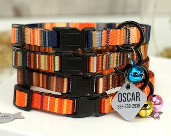 Striped Personalized Cat Collar, Breakaway Cat Collar with Bell, Name Tag Cat Collar, Custom Cat Collar for Kittens, Adjustable Cat Collars