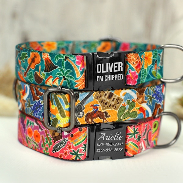 Cute Dog Collar with Engraved Metal Buckle, Hawaii Texas California Print Dog Collars, Personalized Pet Collar Small Large, Boy Dog Collar