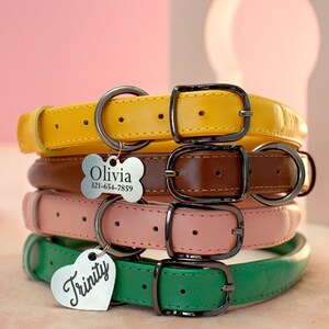 Rolled Leather Dog Collar with Name, Personalized Collar for Small Medium Dogs, Custom Puppy Collars, Leather Dog Collar Pink Green Brown