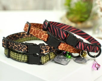 Custom Cat Collar with Bells, Personalized Cat Collar with ID Tag, Animal Print Breakaway Cat Collar, Boy Cat Collar, Cute Kitten Collars