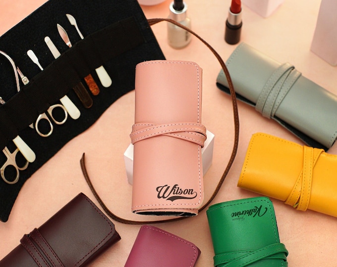 Custom Leather Scissors Case, Womens Travel Grooming Kit, Personalized Organizer for Manicure Tools, Rolled Leather Nail Kit, Manicure Pouch