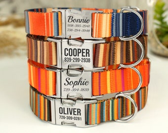 May include: Four colorful striped dog collars with silver personalized tags. The tags have names and phone numbers. The collars are stacked on top of each other. The collars are orange, brown, and blue.