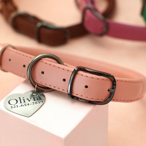 Rolled Leather Dog Collar With Bead ID Tag Personalized Dog Etsy