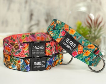 Engraved Dog Collar with Black Metal Buckle, Personalized Dog Collars with Unique Design, Dog Lover Gift, Cute Dog Collar with Flowers Print
