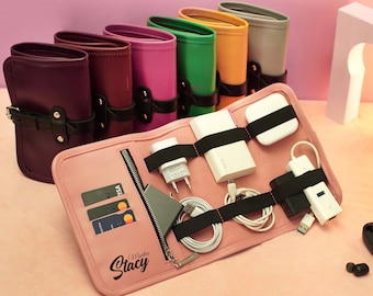Leather Cable Organizer Bag, Personalized Cord Case, Custom Travel Charger Roll, Engraved Wire Organizer, Travel Gift Ideas, Cable Holder