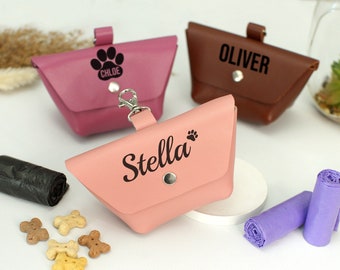 Soporte de bolsa de caca de perro de cuero con mosquetón de oro rosa, soporte de bolsa de excremento de perro personalizado, dispensador de bolsa de caca de perro personalizado, bolsa de bolsa de golosina para perros