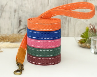 Cotton Webbing Dog Leash with ID Leather Tag, Night Safety Dog Leash Personalized, Custom Dog Leash, Durable 6.5 FT Dog Leash, Soft Pet Lead