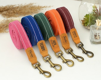 Correa reflectante de algodón para perros con mosquetón de metal y pieza de cuero. Disponible en 7 colores vibrantes. Correa personalizada para perros de razas pequeñas y grandes.