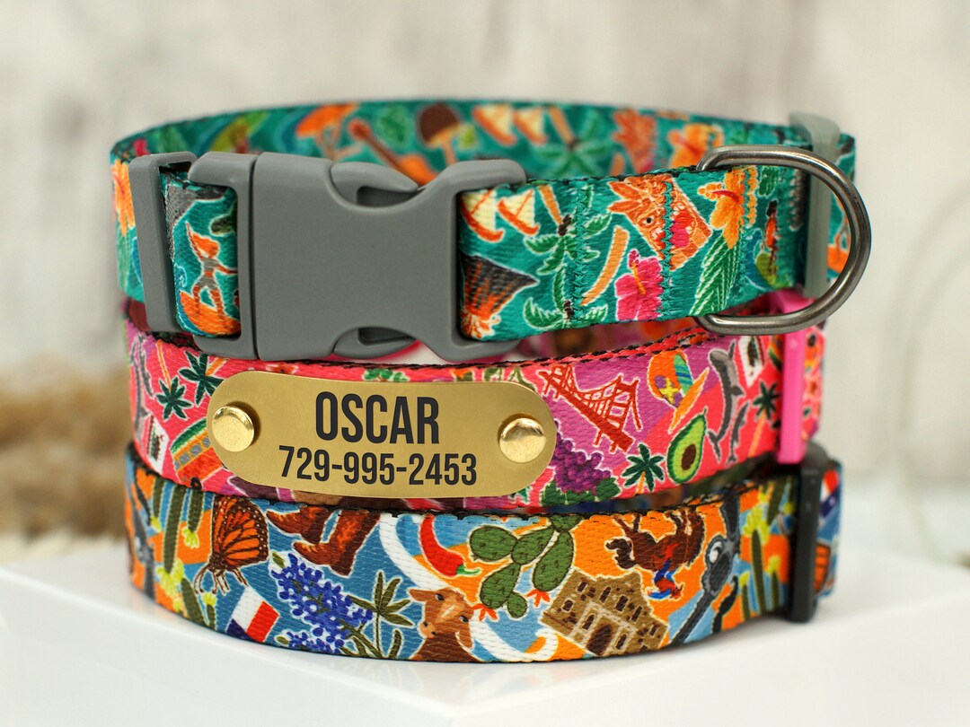 Dog Collar With ID Name Plate, Hawaii Texas California Pattern Dog