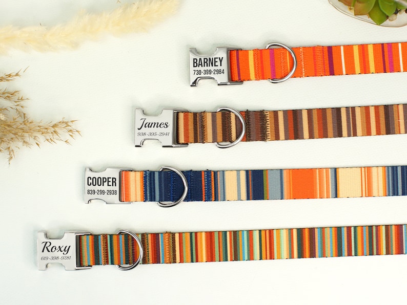 Striped Dog Collar with Engraved Metal Buckle, Custom Pet Collars for Small Medium Large Dogs Puppy, Personalized Dog Collar, Boy Dog Collar image 2