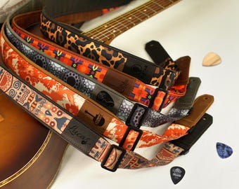 Correa de guitarra personalizada con base y extremos de cuero, correas de guitarra personalizadas para bajo, guitarra eléctrica y acústica, regalo para hombres, mujeres y guitarristas
