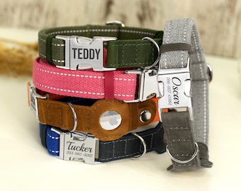 Reflektierendes Leder-Hundehalsband mit AirTag-Halter, personalisiertes AirTag-Hundehalsband, personalisiertes AirTag-Hundehalsband