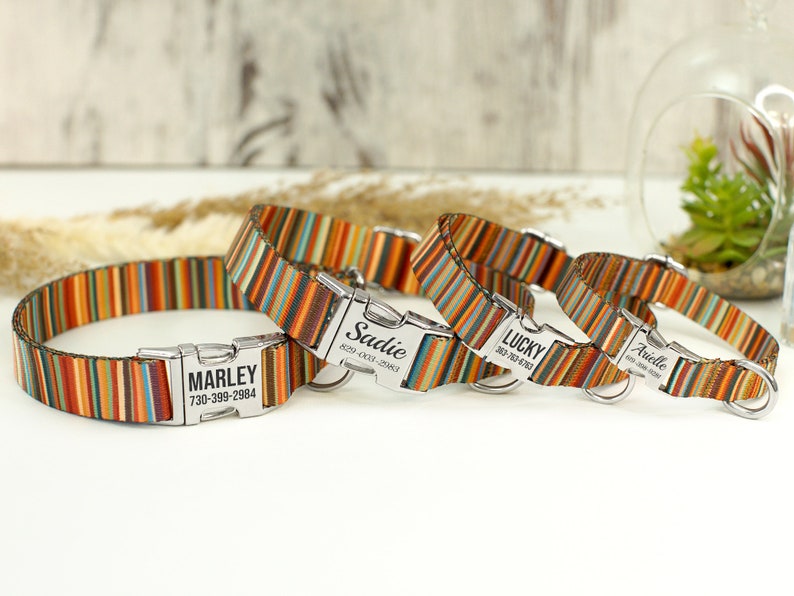 Striped Dog Collar with Engraved Metal Buckle, Custom Pet Collars for Small Medium Large Dogs Puppy, Personalized Dog Collar, Boy Dog Collar image 4