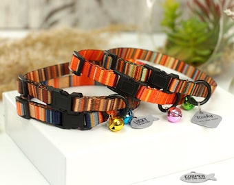 Personalized Breakaway Cat Collar, Striped Pattern Cat Collars with Name Tag, Girl Cat Collar with Bell, Boy Cat Collar, Safe Kitten Collar