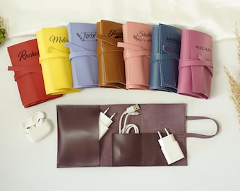 Reise-Kabelorganizer aus Leder, individuelle Techniktasche, personalisierte Ladekabeltasche, gravierter Halter für Elektronikzubehör, Geschenkidee für Männer