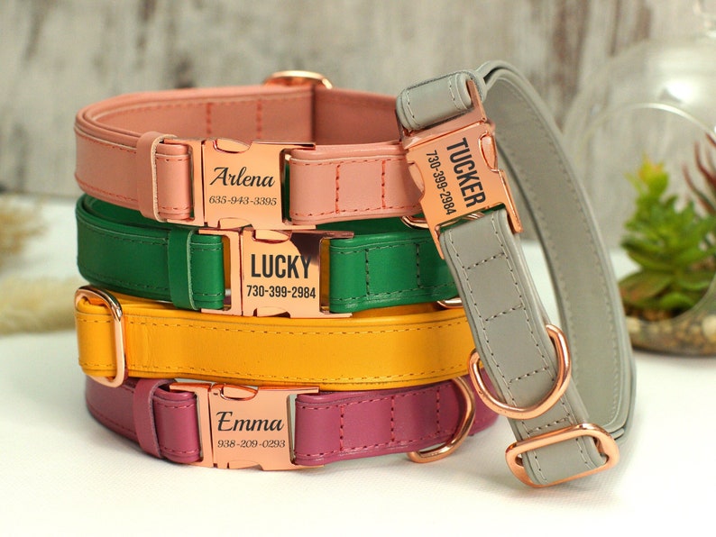 Collar de cuero personalizado para perros, collar personalizado para perros con hebilla de metal de oro rosa, collar para perros para niños y niñas, collar para perros grabado con nombre imagen 1
