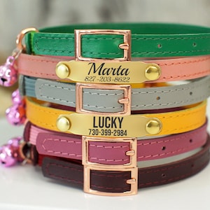 Custom Cat Collar with Elastic Strap & Classic Buckle, Personalized Cat Collars - 7 Colors, Leather Pet Collar Engraved, Cute Kitten Collar