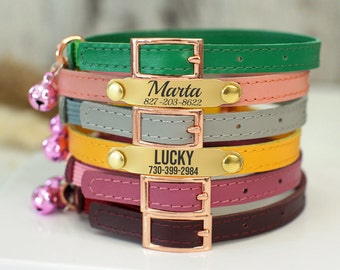 Custom Cat Collar with Elastic Strap & Classic Buckle, Personalized Cat Collars - 7 Colors, Leather Pet Collar Engraved, Cute Kitten Collar